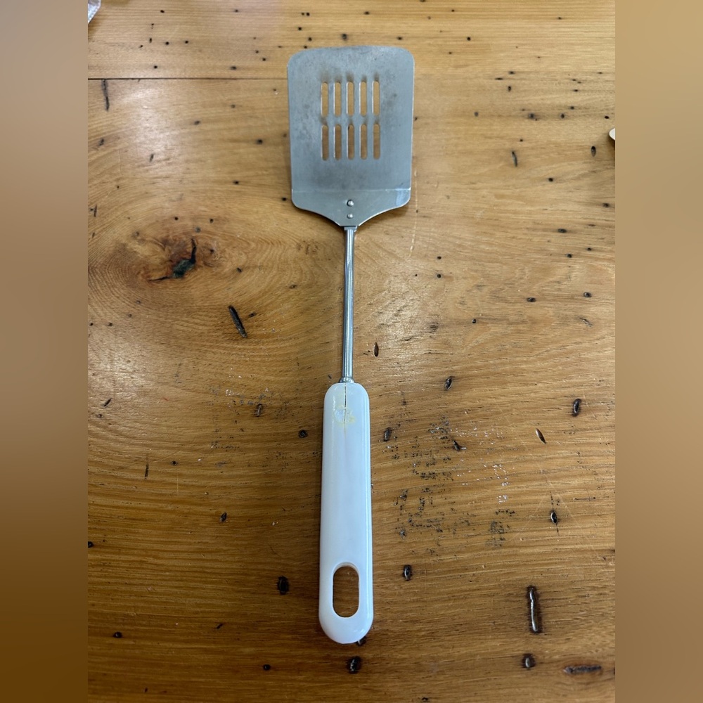 Vintage Keyhole Slotted Spatula 13” White Handle Stainless Steel Kitchen